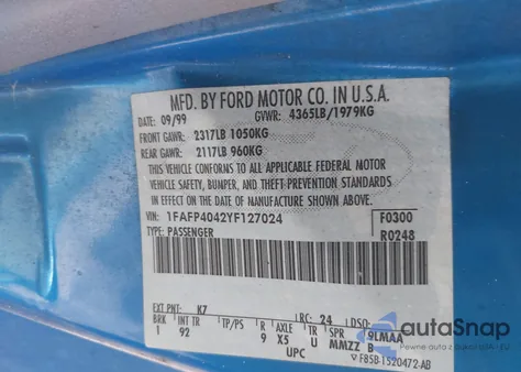 2000 Ford Mustang from USA, damaged, VIN 1FAFP4042YF127024